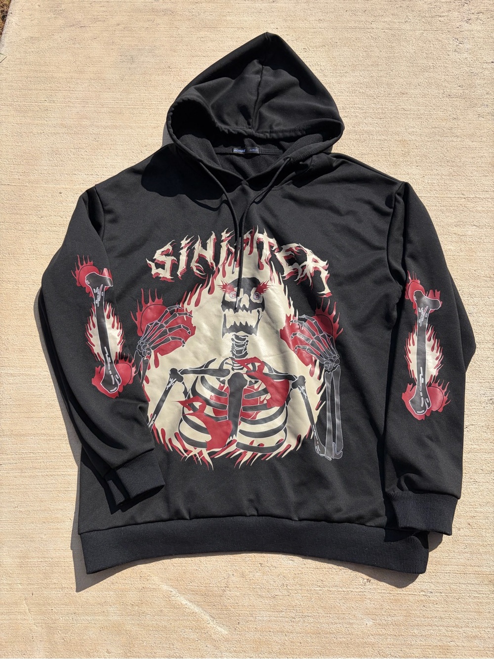 ROMWE Sinister Graphic Skeleton Hoodie with Red Flame Accents